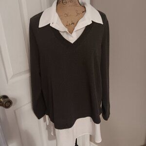 Rio & Rian 1X Gray and White Layered Look Long Sleeve Sweater